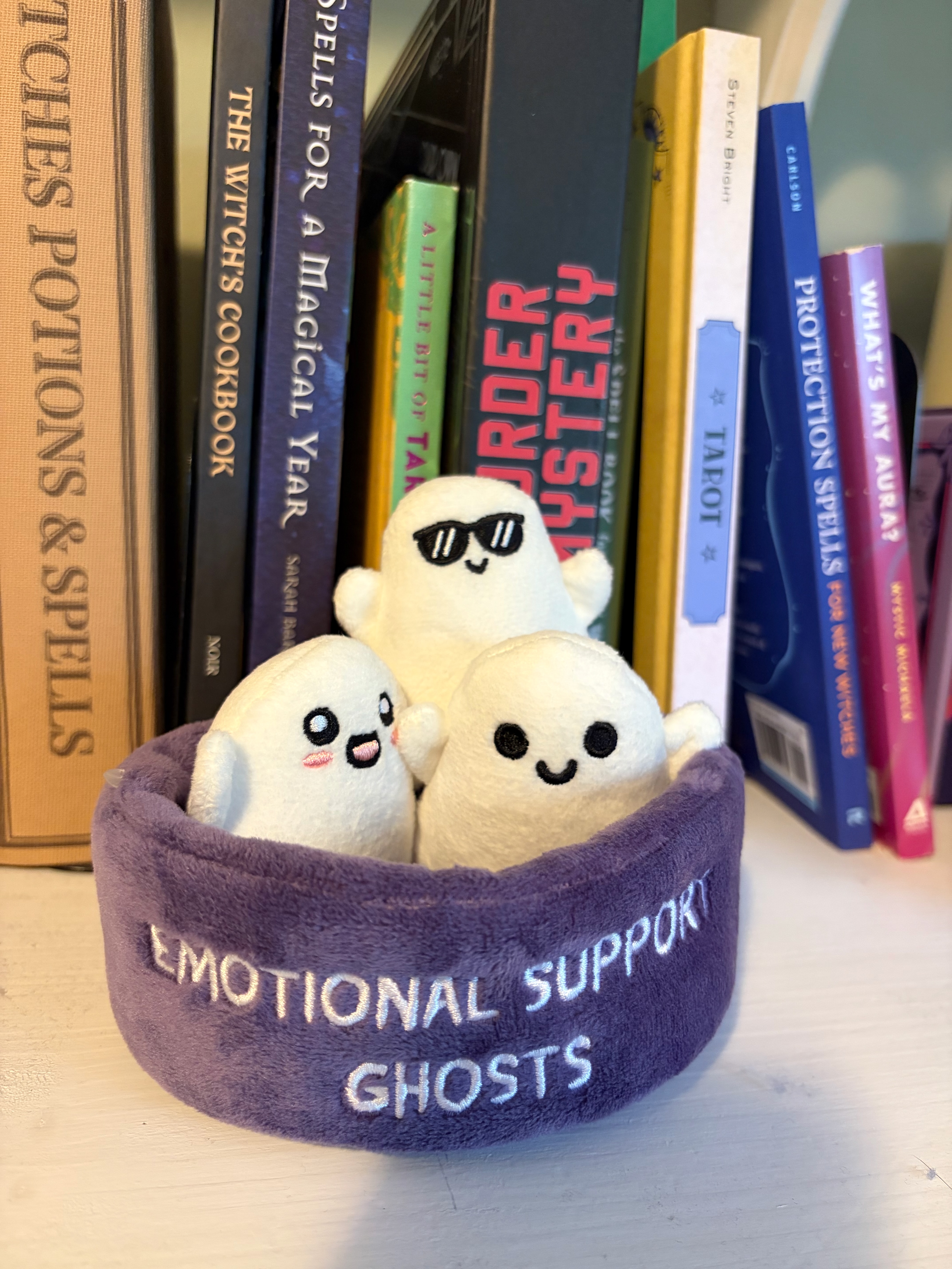 Three plush emotional support ghosts, one wearing sunglasses, in a purple basin in front of a shelf of witchy books